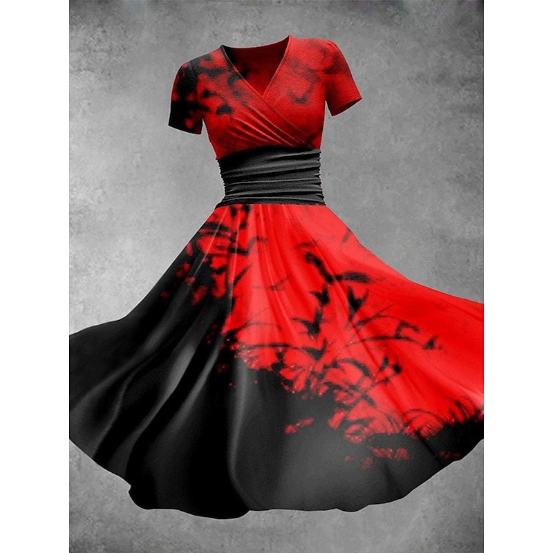 Halloween Women's Bat Print Midi Dress A Line Dress Summer Dress Fit And Flare Dress Party Casual Daily Holiday Regular Fit Graphic Abstract Short Sleeve V Neck Black White Red Summer Spring Fall