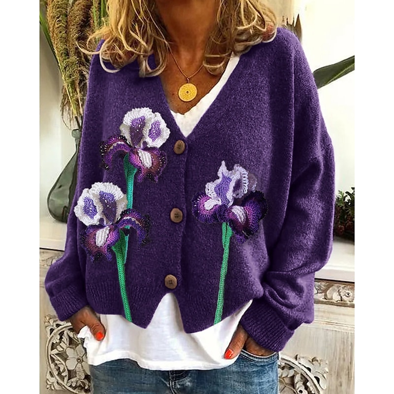 Women's Sweater Cardigan Fashion Streetwear Daily Floral Ribbed Open Front Knitted Print Long Sleeve Long Tops Knit Holiday Going out Weekend Yellow Blue Fall Winter3