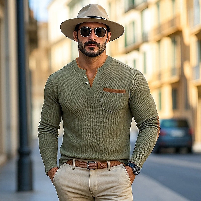 Men's Waffle Tee Waffle Henley Shirt Long Sleeve Solid Color Solid Fashion Basic Casual Fake two piece V Neck Henley Street Casual Sports Spring Fall Spring &  Fall Black Navy Blue Green Henley2