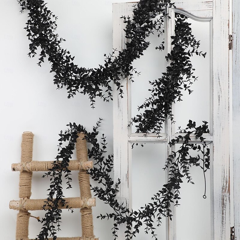 Artificial Black Eucalyptus Vine Garland - Realistic 1pc for Halloween Christmas Fall Decor Indoor/Outdoor Spooky Party