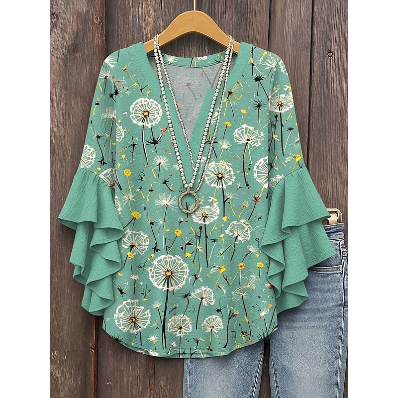Easter Women's Blouse Floral Graphic Elegant Bohemia Ethnic 3/4 Length Sleeve V Neck Regular Tops Daily Holiday Vacation Wear Ruffle Print Pink Blue Purple Green Summer Spring Fall