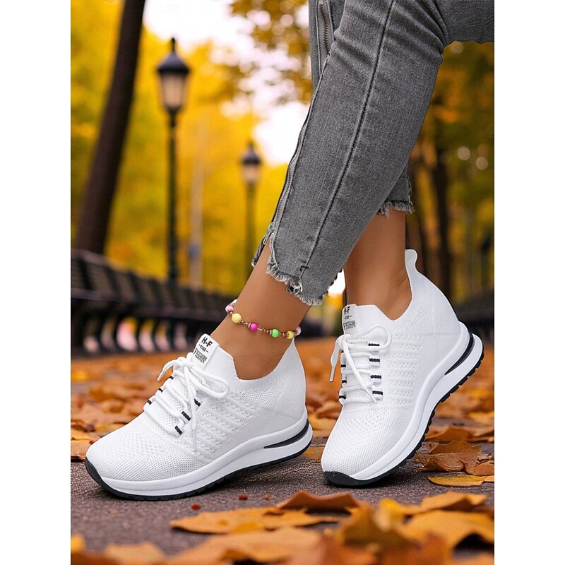 Women's Hidden Heel Flyknit Sneakers, Sporty Style with Bold Stripes, Perfect for Everyday Wear, Walking and Casual Outings3