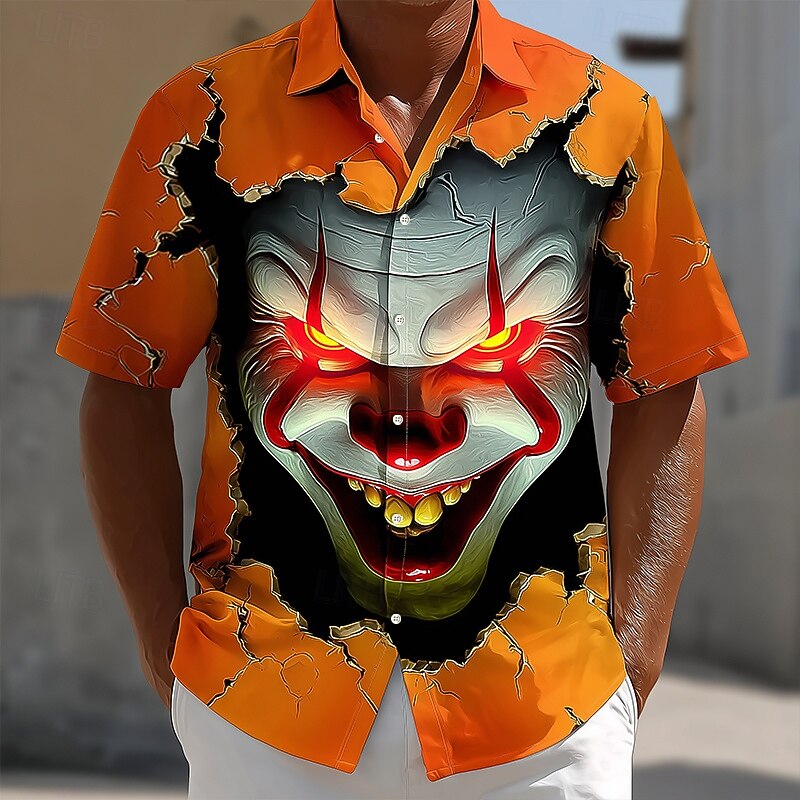Halloween Men's Creepy Clown Devil Clown Shirt Summer Shirt Button Up Shirt Short Sleeve Dark Punk Gothic Style Holiday Streetwear Summer Spring Turndown 3D Print Collared Shirts Orange red Orange