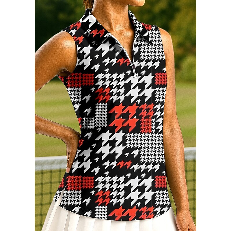 Women's Geometric Houndstooth Tops Sport Shirt Golf Polo Shirt Tennis Shirt Sleeveless Zipper High Elasticity Moisture Wicking Breathable Tennis Pickleball Running Turndown Zip Collar Shirt Tank Top3