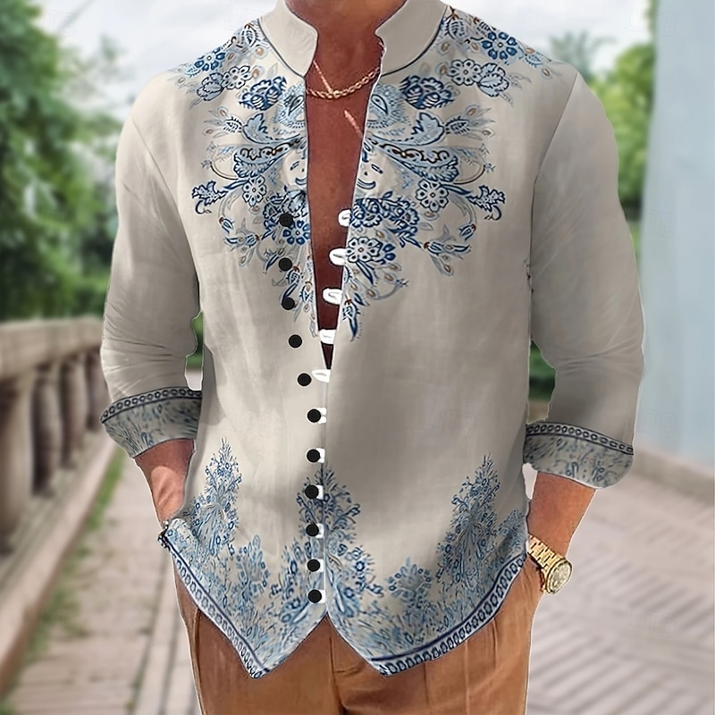 Men's Floral Print Ethnic Flowers Shirt Stand Collar Shirt Long Sleeve Vintage Retro Vacation Daily Wear Going out Spring Fall Mandarin Collar Band Collar Button-Down Linen Like Shirt Gray