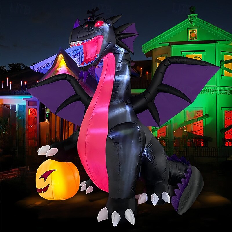 9FT Halloween Inflatable Dominating Dragon with Pumpkin Outdoor Decoration, Blow Up Yard Decoration with LED Lights Spooky for Halloween Fun Holiday Party Yard Garden Lawn Decor