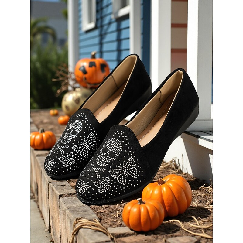 Women's Black Suede Skull Loafers – Rhinestone Embellished Gothic Slip-On Flats, Punk Rock Style Comfortable Shoes for Halloween Parties, Concerts, and Casual Outings2