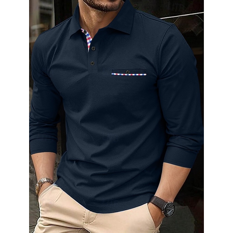 Men's Business Polo Golf Shirt Street Casual Lapel Long Sleeve Basic Modern Plain Buttons Spring Fall All Seasons Regular Fit Black White Blue Navy Blue Business Polo