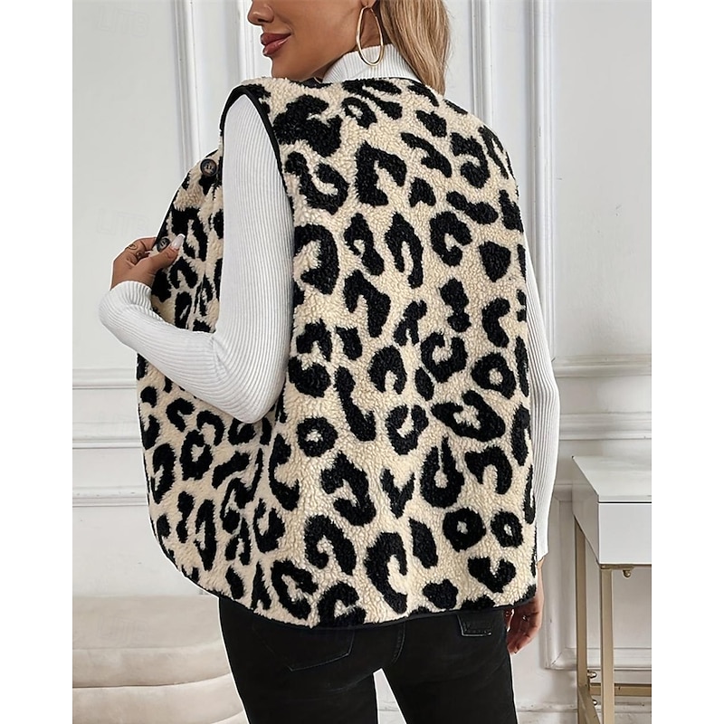 Women's Fleece Vest Vest Warm Comfortable Buttons Fleece Lined Fashion Modern Casual Leopard Going out Weekend Single Breasted Regular V Neck Regular Fit Sleeveless Outerwear Apricot Winter2