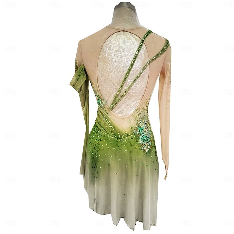 Figure Skating Dress Women's Ice Skating Skirt Dress Green+Yellow Thumbhole Open Back Spandex High Elasticity Professional Competition Skating Wear Thermal Warm Classic Crystal / Rhinestone Long4