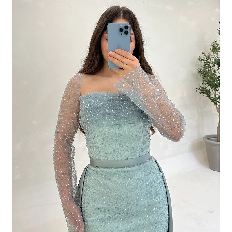 Sequin A-Line Evening Gown Elegant Dress Formal Wedding Guest Floor Length Long Sleeve NeckMother Of the Bride Dress Satin with Glitter Slit