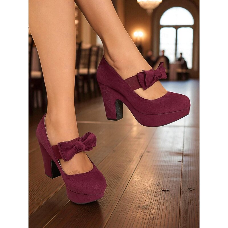 Women's Burgundy Mary Jane Platform Heels with Bows – 1950s Retro Chunky High Heel Shoes for Parties, Cosplay, and Vintage-Inspired Outfits2