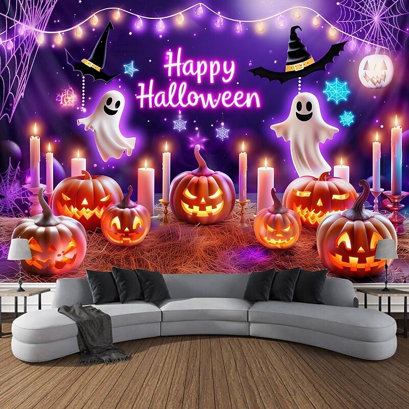Halloween Blacklight Wall Tapestry – UV Reactive 'Happy Halloween' with Glowing Pumpkins and Candles, Neon Colors Spooky Scene, Glow in the Dark Wall Hanging for 2025 Halloween Party Decoration2