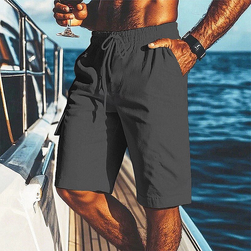 Men's Shorts Linen Shorts Summer Shorts Beach Shorts Pocket Elastic Waist Drawstring Plain Comfort Breathable Short Vacation Holiday Beach Hawaiian Boho Black White Micro-elastic3
