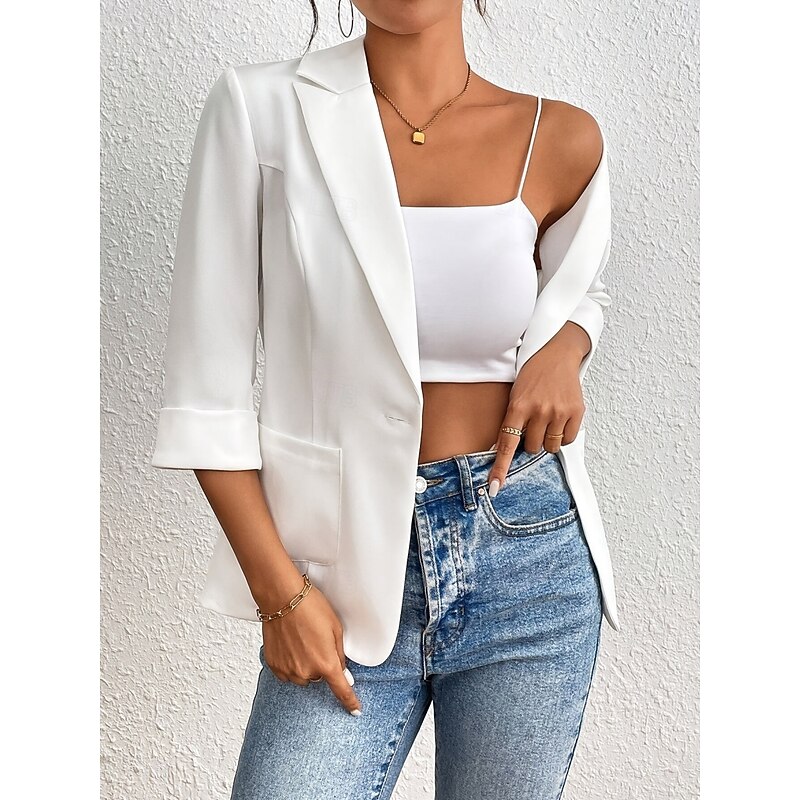 Women's Blazer Comfortable Breathable Pocket Casual Plain Office Street Casual Daily Wear Single Breasted Regular Turndown Regular Fit Long Sleeve Outerwear White Summer Spring4