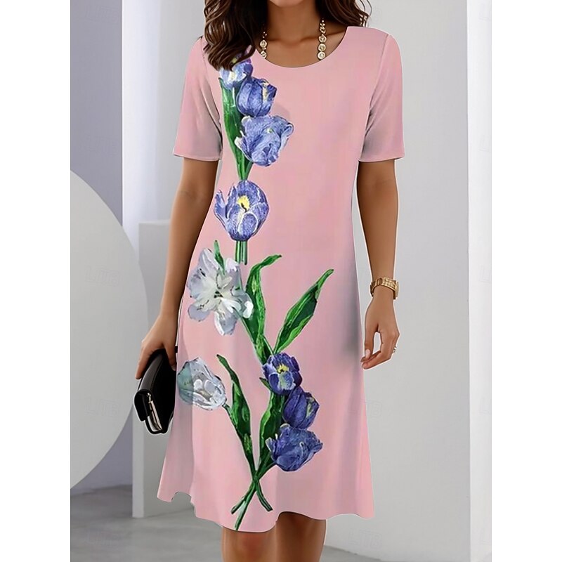 Women's Elegant Party Evening Midi Dress Crew Neck Short Sleeve A Line Dress Summer Dress Casual Daily Regular Fit Floral Graphic White Pink Blue Orange Summer Spring3