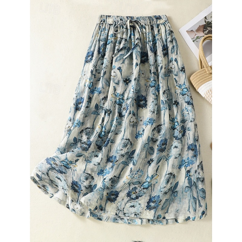 Women's Long Skirt Elegant Bohemia Vintage Casual Maxi High Waist Skirts Floral Inelastic Vacation Causal Picture color Summer Cotton Linen2