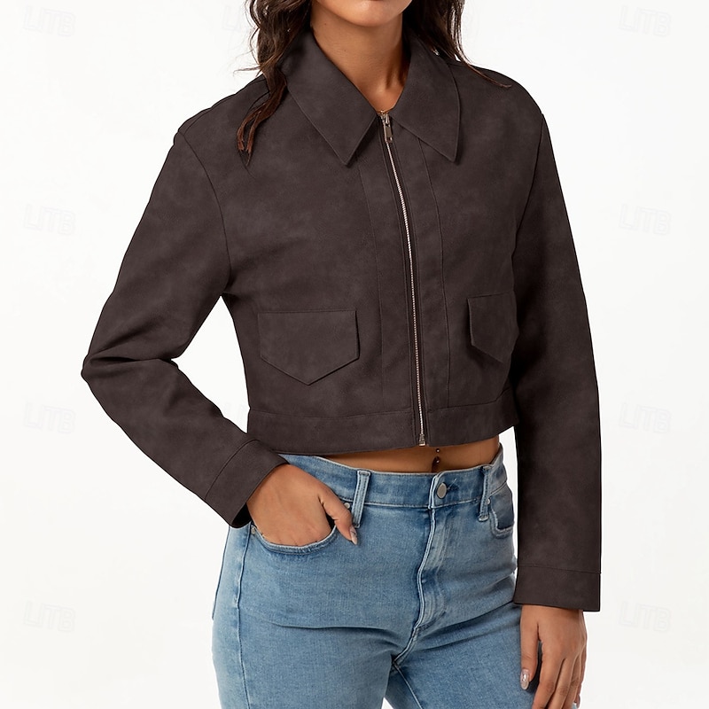 Women's Faux Leather Jacket Comfortable Full Zip Fashion Street Style Plain Outdoor Casual Daily Short Turndown Regular Fit Long Sleeve Outerwear Black Pink Camel Spring Fall2