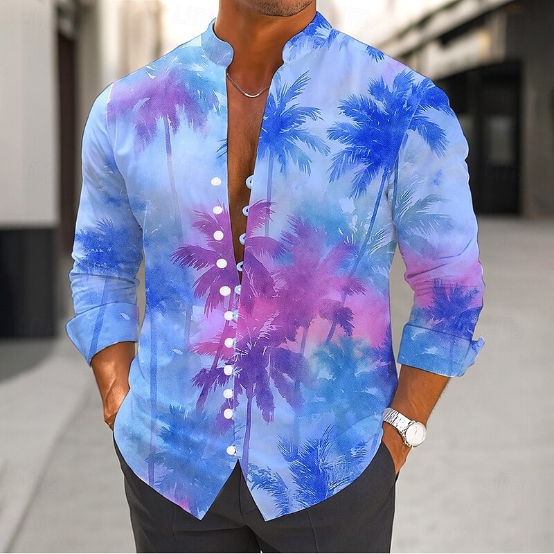 Men's Coconut Tree Gradient Color Tropical Plants Shirt Aloha Shirt Stand Collar Shirt Long Sleeve Hawaiian Vacation Daily Wear Going out Spring Fall Mandarin Collar Band Collar Button-Down Linen2