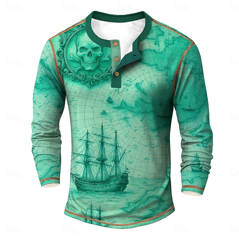 Men's Cool Skulls Sailboat Henley Shirt Tee Long Sleeve Vintage Fashion Designer Outdoor Casual Daily Spring &  Fall Dark Gray Blue Green Khaki Henley Henley T-Shirt4