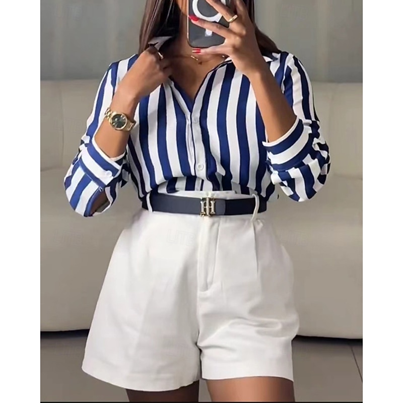 Women's Shirt Summer Tops Striped Daily Stylish Basic Long Sleeve Shirt Collar Regular Tops Work Daily Holiday Buttons Blue Spring Fall2