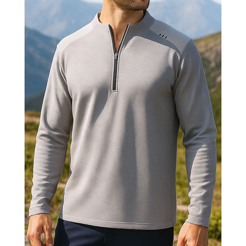 Men's Sport Shirt Long Sleeve Stand Collar Top Outdoor Quick Dry Breathable Winter Polyester Dark Grey Black White Tennis Golf Workout