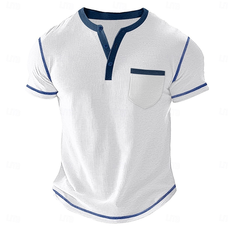Men's Waffle Henley Shirt Tee Short Sleeve Solid Color Plain Fashion Designer Casual Color Block Buttons Henley Outdoor Casual Daily Summer All Seasons Black White Light Blue Henley T-Shirt