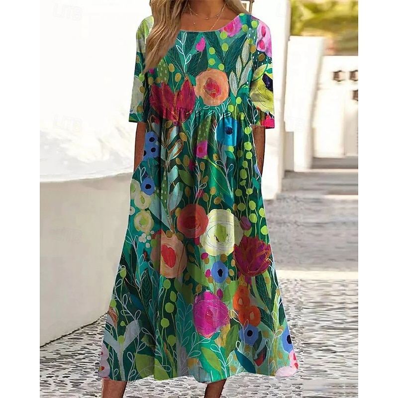 Women's Midi Dress Casual Dress Summer Dress Fashion Modern Daily Beach Weekend Regular Fit Flower Half Sleeve Crew Neck Pink Green Spring Fall2