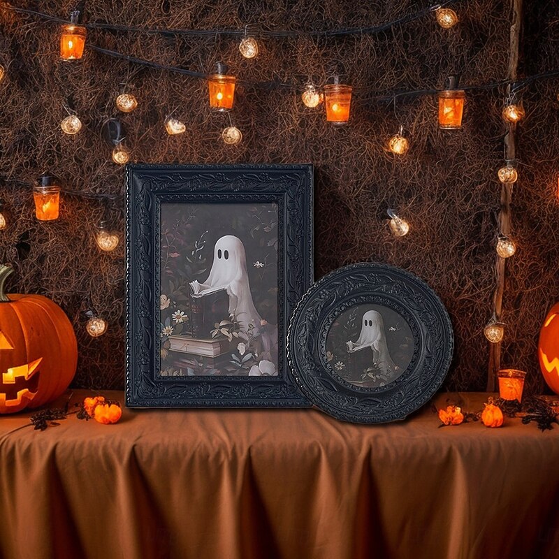 Halloween Gothic Resin Photo Frame Decor with 3D Ghost Reading and Ivy Pattern, Spooky Home Decoration Frame for Halloween Party, Bedroom, Living Room, and Study