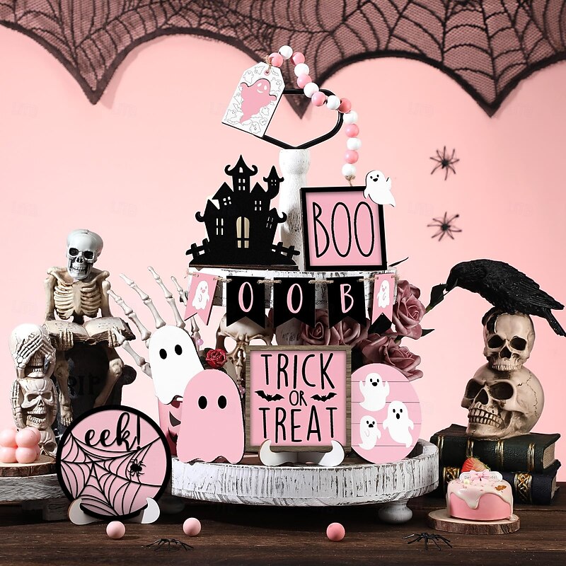 15-Piece Halloween Pink Tiered Tray Decor Set, Cute Ghost Wooden Signs and Farmhouse Style Decorations for Home, Table, and Party Supplies2