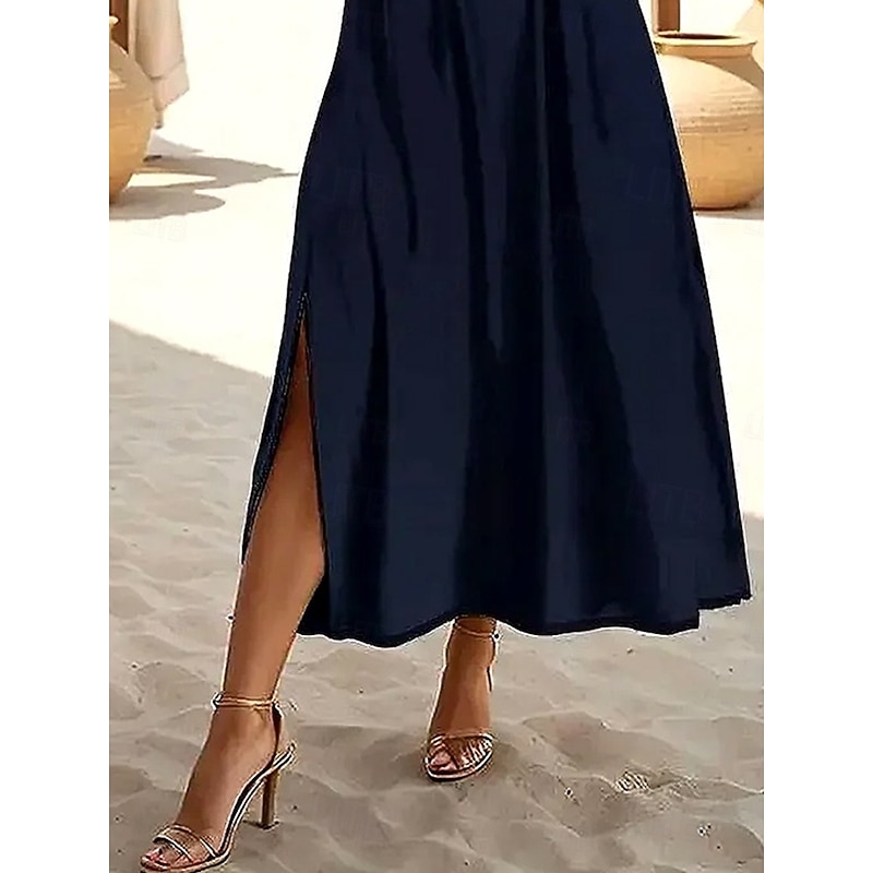 Women's Maxi Dress T Shirt Dress Tee Dress Sundress Shift Dress Summer Dress Bohemia Party Holiday Beach Form Fit Graphic Geometric Vintage Short Sleeve Crew Neck Navy Blue Summer Spring3