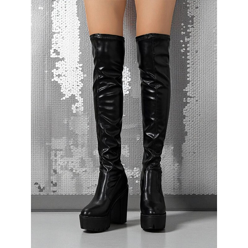 Women's Black Faux Leather Over-the-Knee Platform Boots with Chunky High Heels - Bold Nightlife Footwear for Clubbing and Party Looks4