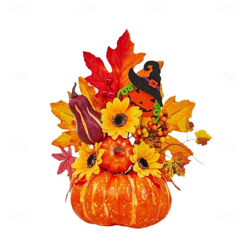 Halloween Fall Desktop Ornament with Faux Pumpkin, Maple Leaves and LED Light for Autumn Harvest Festival, Spooky Halloween Scene Decoration for Fall Home and Party Setup2