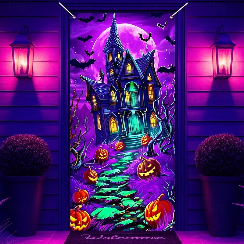 Halloween Door Cover Neon Haunted House with Full Moon Banner, Glowing Blacklight Entrance Decoration for Outdoor & Indoor 2025 Halloween Bedroom, Living Room, Bathroom4