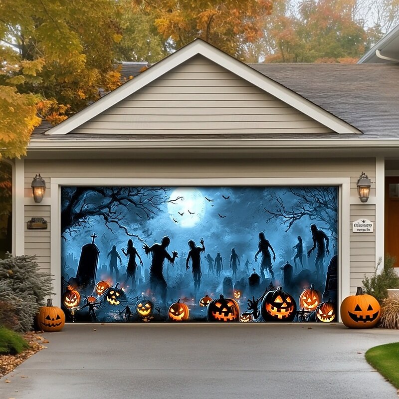 Halloween Garage Door Cover Banner Backdrop – Moonlit Pumpkin Field with Zombie Hands, Oversized Front Yard Decoration for 2025 Halloween, Includes Hanging Accessories2