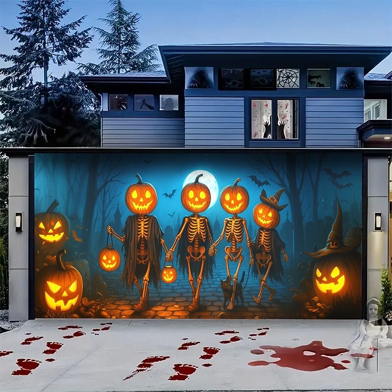 Halloween Garage Door Cover Pumpkin Head with Scythe Banner, Large Tapestry Backdrop Decoration for Holiday Outdoor Garage Door and Home Wall, 2025 Halloween Decorations4