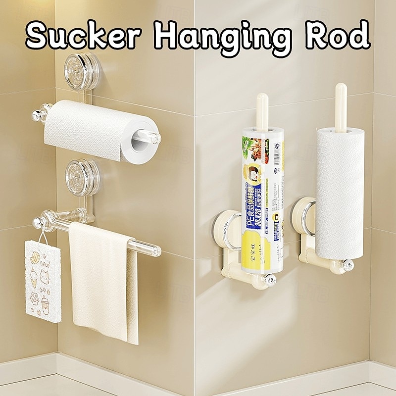2pcs Multifunctional Sucker Hanging Rod Suction Cup Paper Towel Holder, No Drilling Kitchen Cabinet Wrap Organizer, Plastic Film Rack Dish Cloth Hanger