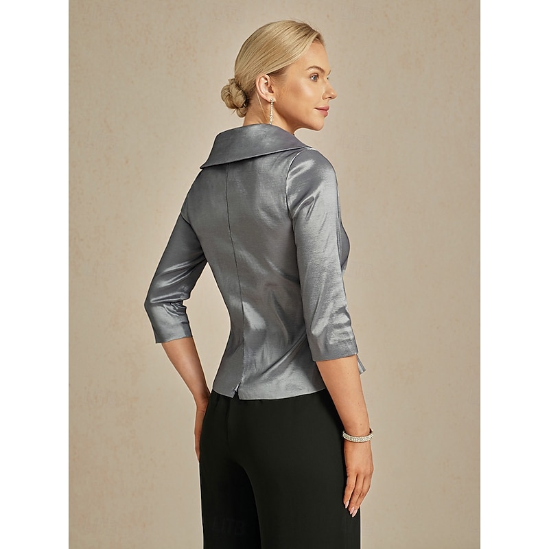 Women's Blouse Evening Tops Elegant Metallic Stylish 3/4 Length Sleeve V Neck Regular Tops Wedding Guest Evening Party Semi Formal Tie Front Gray Spring, Fall, Winter, Summer4