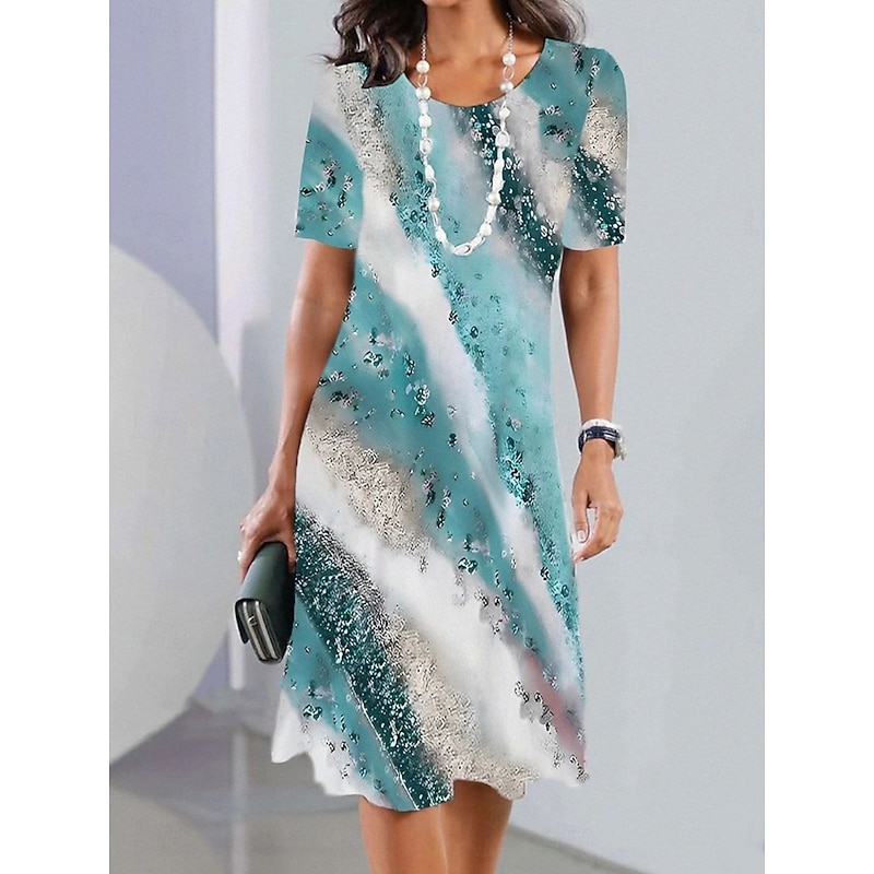 Women's Elegant Party Evening Midi Dress Crew Neck Short Sleeve Shift Dress A Line Dress Casual Boho Regular Fit Ombre Graphic Geometric Black Wine Blue Sky Blue3