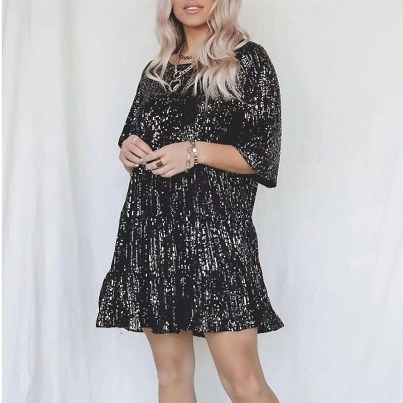 Women's Mini Dress Sequin Dress Cocktail Dress Elegant Dress Fashion Modern Evening Party Cocktail Party Regular Fit Plain Short Sleeve Crew Neck Silver Black gray Black White Summer Spring2