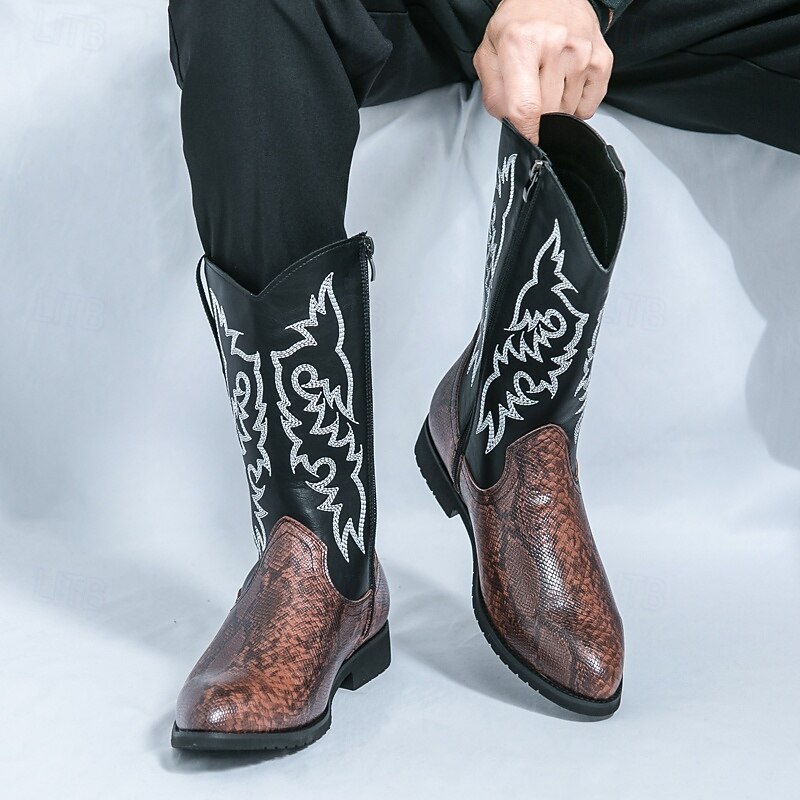 Men's Boots Cowboy Boots Retro Snakeskin Shoes Walking Vintage Casual PU Leather Comfortable Slip Resistant Warm Mid-Calf Boots Loafer Brown Black / Pink2