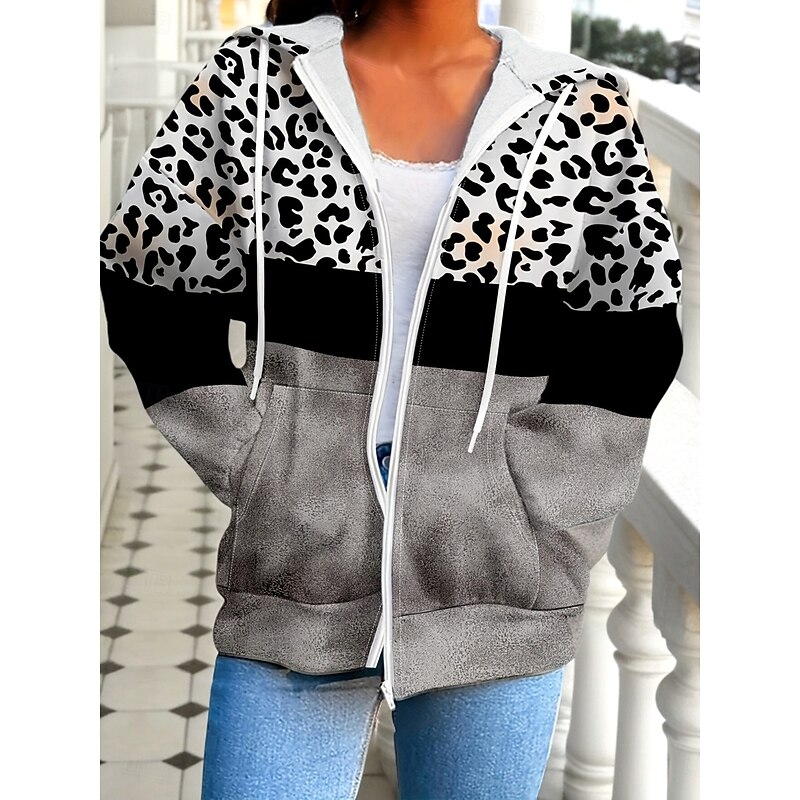 Women's Hooded Sweatshirt Jacket Long Sleeve Zip Up Hoodie With Pocket Lightweight Casual Micro-elastic Graphic Leopard Geometric Fashion Street Dailywear Pocket Print Gray Spring Fall3