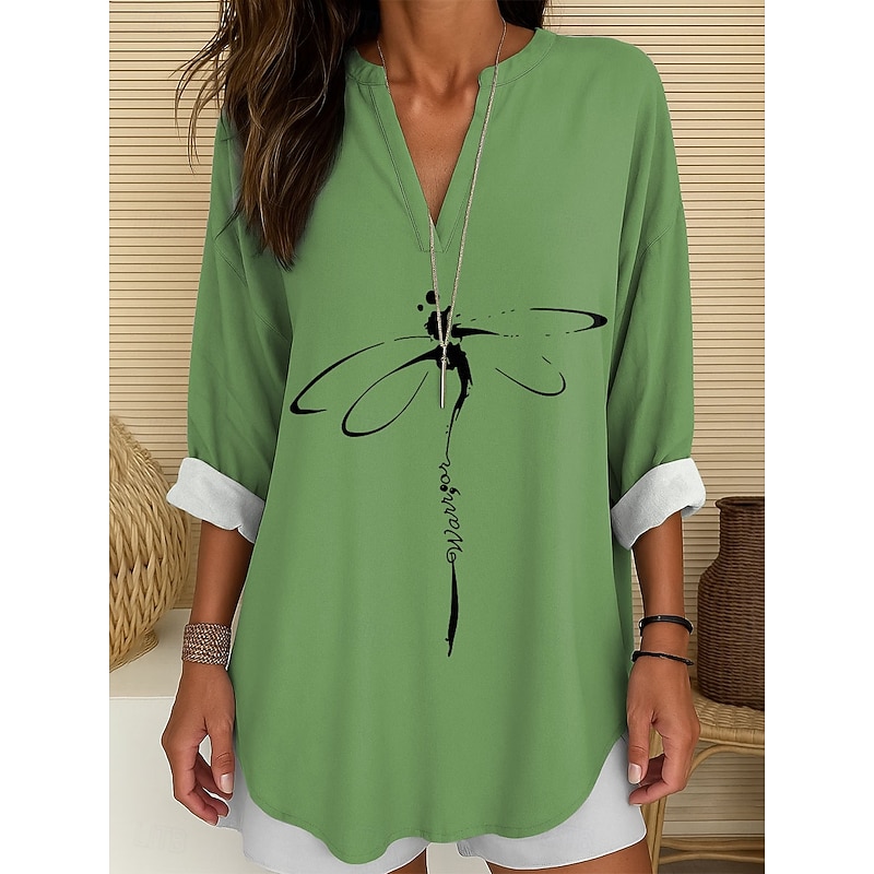 Women's Blouse Tunic V Neck Long Sleeve Boho Casual Tops Graphic Animal Dragonfly Vintage Tropical Regular Tops Daily Wear Print White Blue Purple Green4