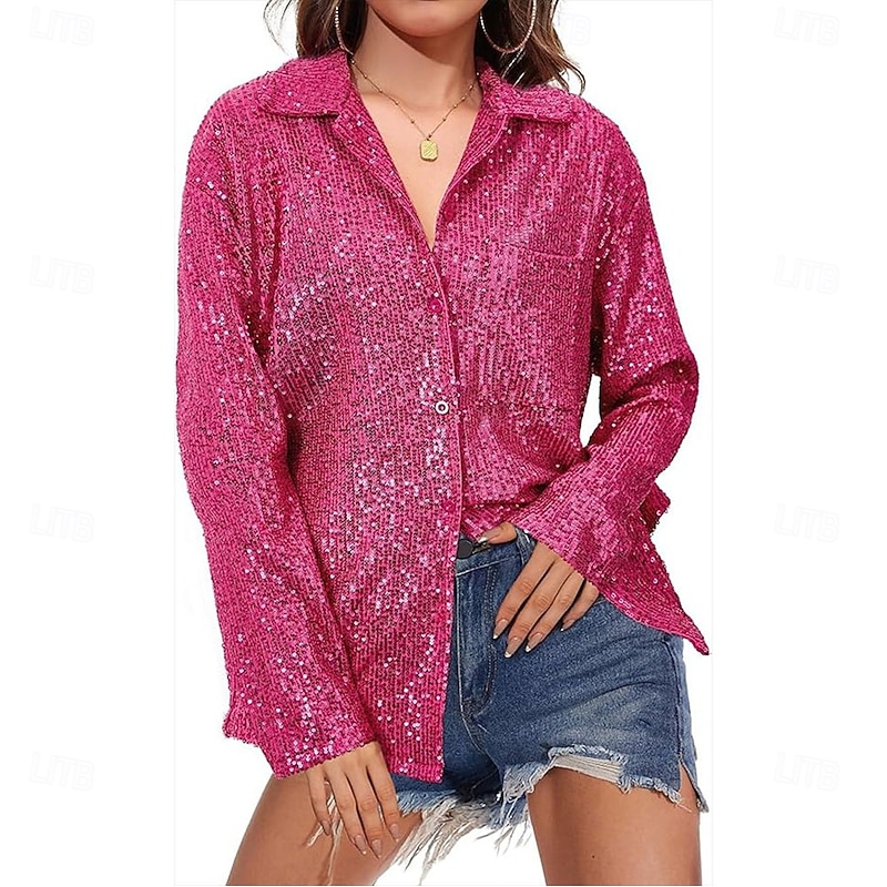 Women's Sequin Sparkly Party Glitter Sparkly Daily Stylish Long Sleeve Shirt Collar Regular Tops Daily Holiday Sequins Silver Black Wine Blue Purple Spring Fall