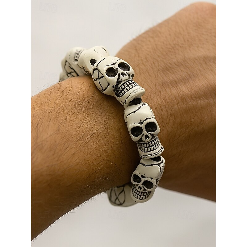 Men's Halloween Skull Bead Bracelet – Stretch Resin Gothic Punk Wristband for Party, Cosplay and Costume Wear - Main Image
