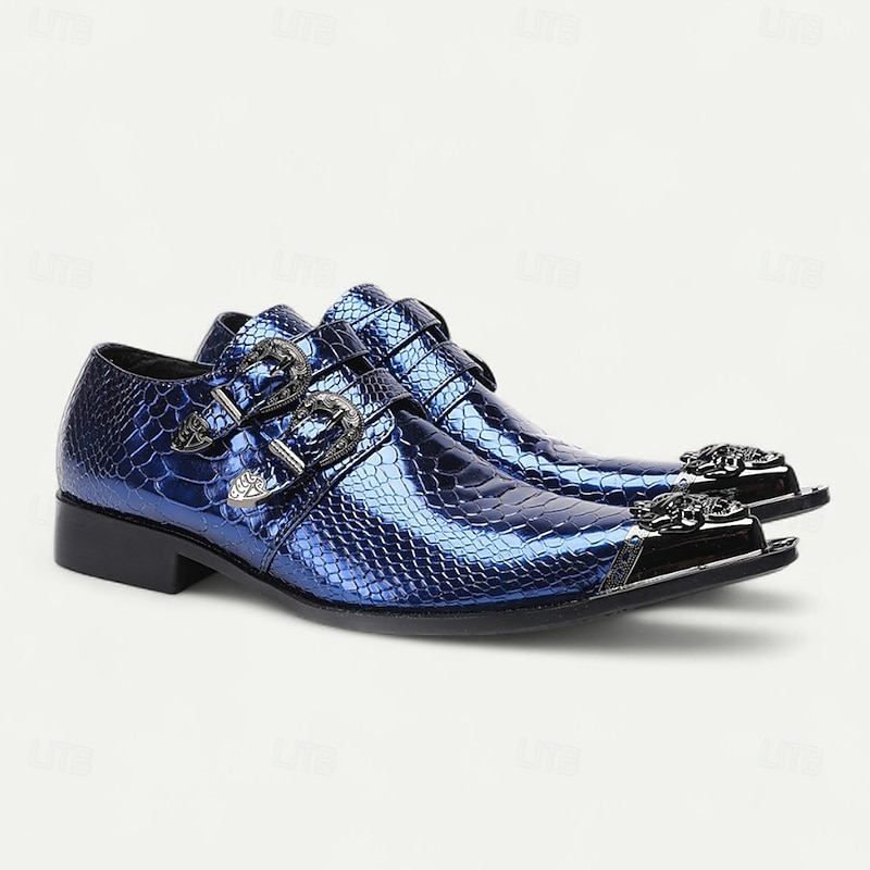 Men's Blue Crocodile-Patterned Monk Strap Shoes - Premium Cowhide Double Buckle Monk Shoes for Men - Perfect for Fashion-Forward Formal Events and Special Occasions4
