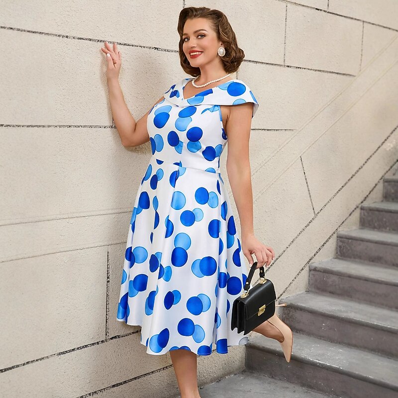 Retro Vintage 1950s Rockabilly Midi A Line Dress Flare Dress Plus Size Polka Dot A-Line V Neck Fancy Dress Women's Vacation Homecoming Party & Evening Adults Dress Spring & Summer4