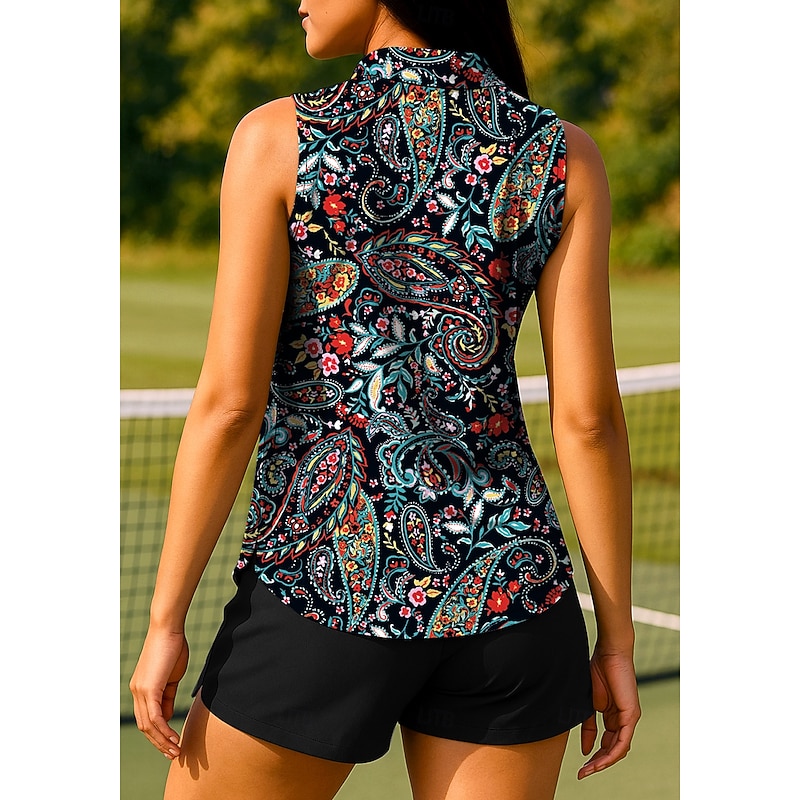 Women's Paisley Multi Color Boho Tops Sport Shirt Golf Polo Shirt Tennis Shirt Sleeveless Zipper UPF50+ UV Resistant High Elasticity Moisture Wicking Breathable Tennis Golf Pickleball Turndown Polo2