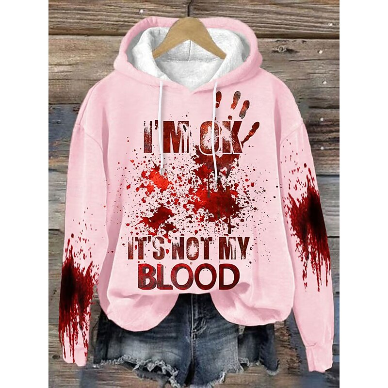 Halloween Women's Hoodie Pullover Sweatshirt Oversized Long Sleeve Casual Bloodstain Graphic Abstract Fashion Print Hooded Street Dailywear Drawstring Print Black White Pink Blue Khaki Fall Winter3