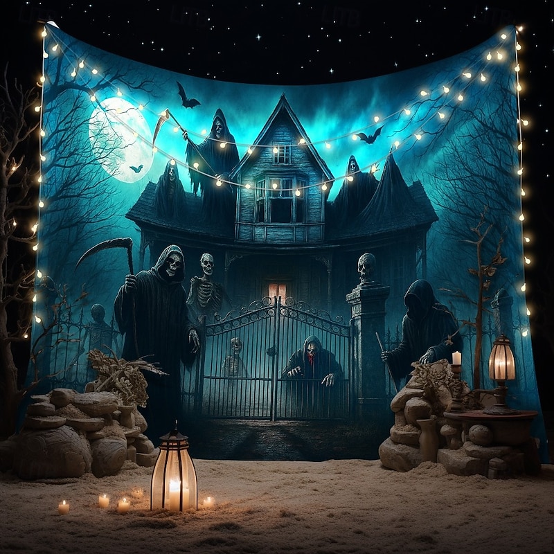 Halloween Gothic Haunted House Wall Tapestry – Creepy Silhouettes in Front of Spooky Mansion, Foggy Night Scene, Horror Backdrop for 2025 HALLOWEEN Living Room, Bedroom, Party Decoration2